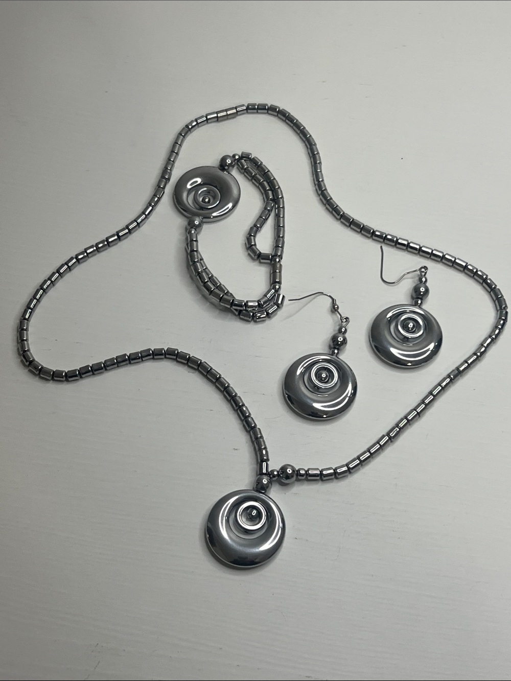 Silver-Tone Circular Pendant Jewelry Set - Necklace, Bracelet & Earrings